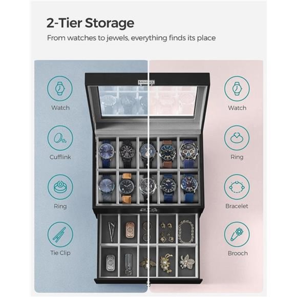 20-Slot Watch Box with Glass Lid, 2 Layers, Lockable Watch Case, Black - Picture 2 of 6